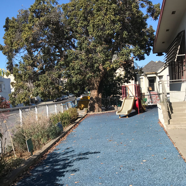 Franklin Elementary's current playspaces with blue surfacing and dog