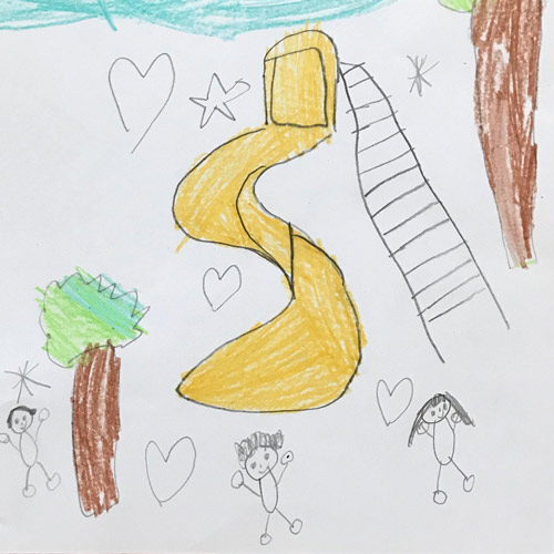 Kid's drawing of their dream playground with yellow slide