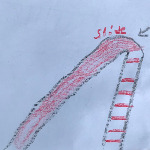 Kid's drawing of their dream playground with red slide