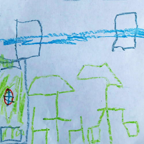 Kid's drawing of their dream playground and patio