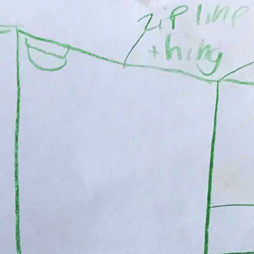 Kid's crayon drawing of their dream playground with zip-line