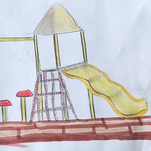 Kid's drawing of their dream playground with yellow slide and zipline
