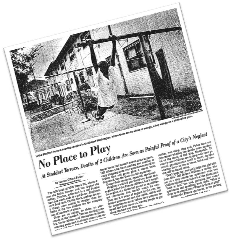 Newspaper clipping, 1 of 2, of The Washington Post article No Place to Play