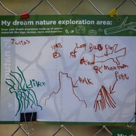 A drawing of a nature playspace in brown and green marker